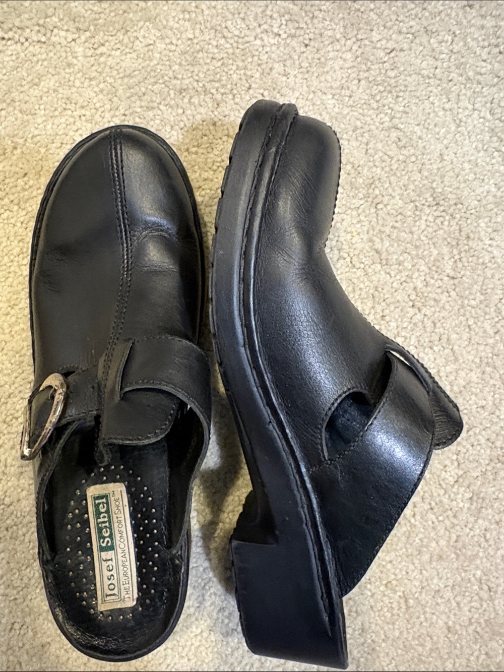 Josef Seibel Black Leather Slip-On Clog with Buckle-Size 40